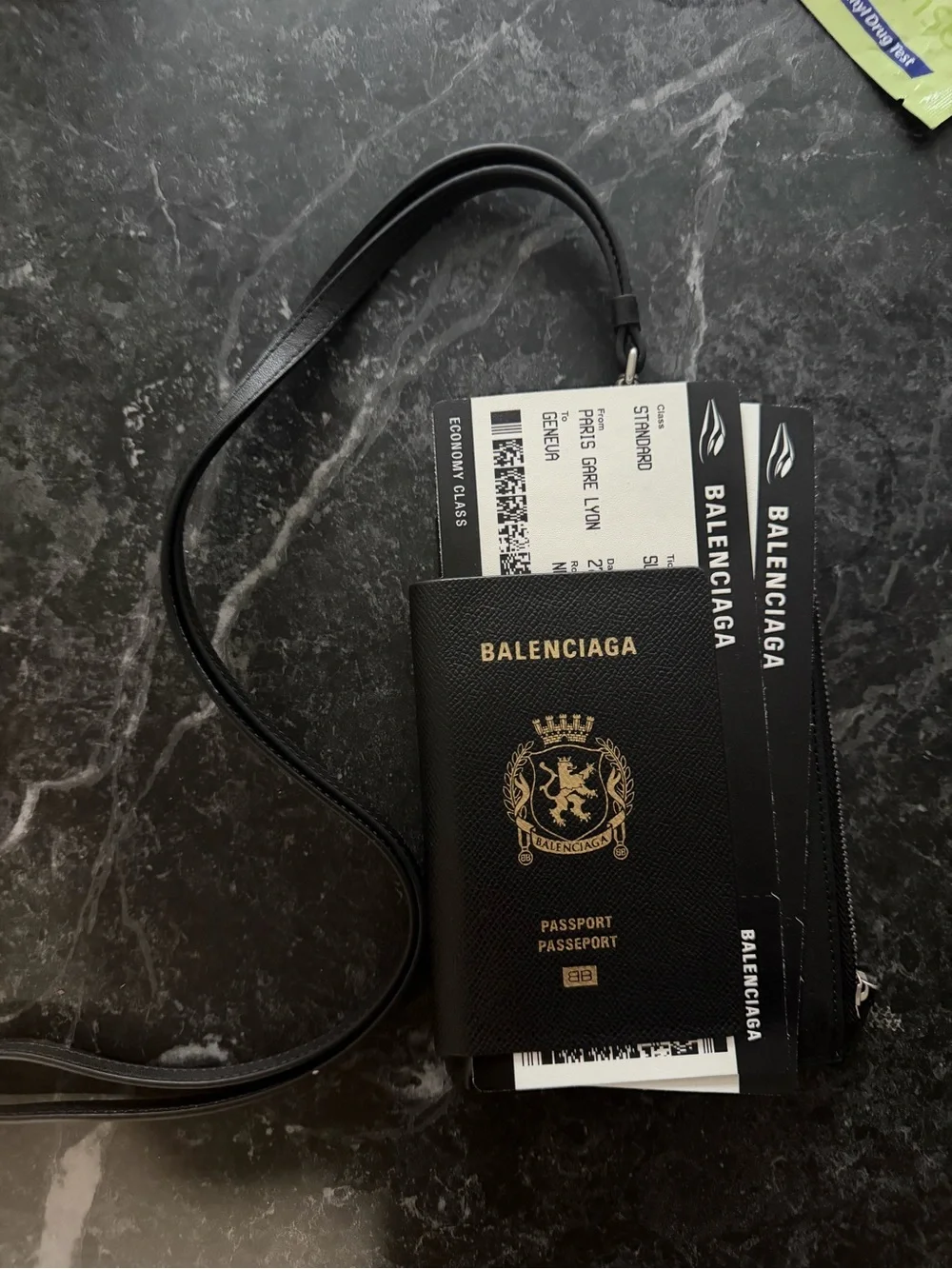 Balenciaga Black Leather Passport Cover with Gold Crest